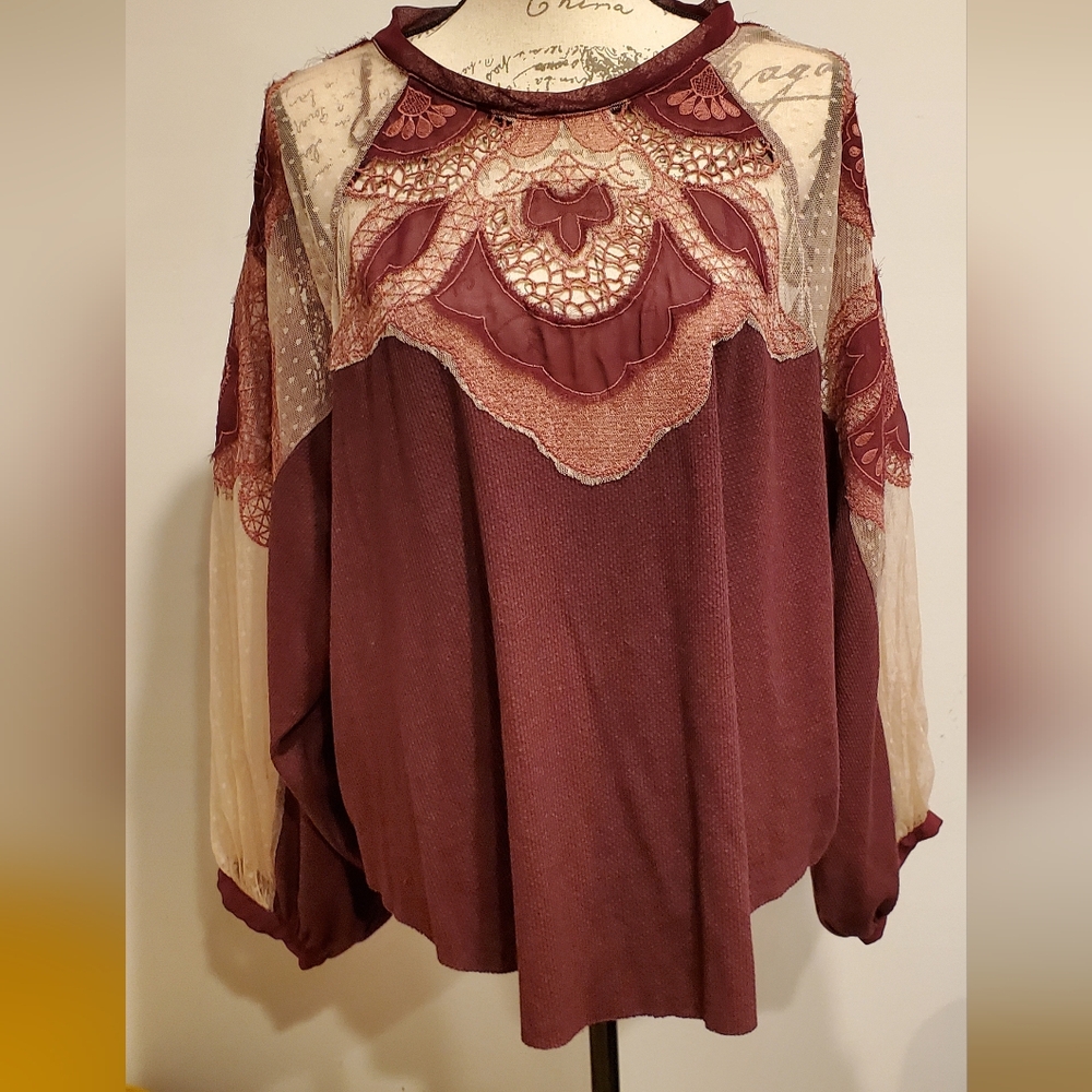 Free People Red Graphic Long Sleeve Blouse